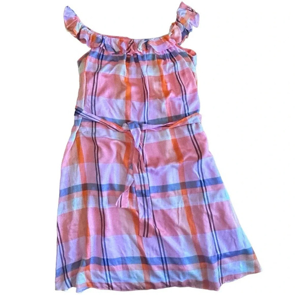 Ann Taylor Tall Madras Plaid Ruffle Square Neck Midi Dres Pink Multicolor - Picture 4 of 8